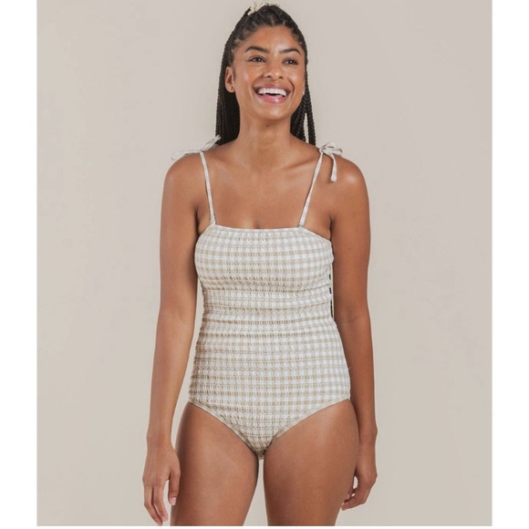 Rylee + Cru striped smocked one piece swimsuit neutral colors size XL - Picture 2 of 4